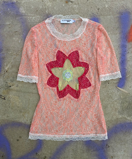 Pastel Frosty Floral Sheer Lace Tee Layered Multi-Color Design