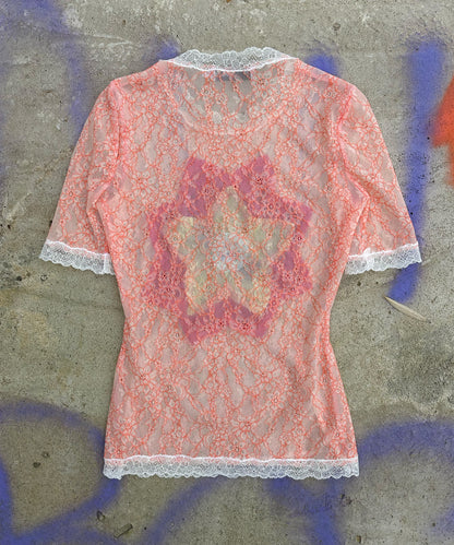 Pastel Frosty Floral Sheer Lace Tee Layered Multi-Color Design