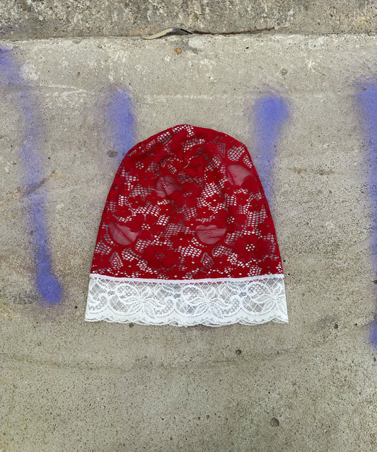Santa Claus Lace Beanie - Limited Edition Holiday Red & Ice Blue