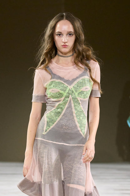 Bow Insert Short Sleeve Mesh Dress