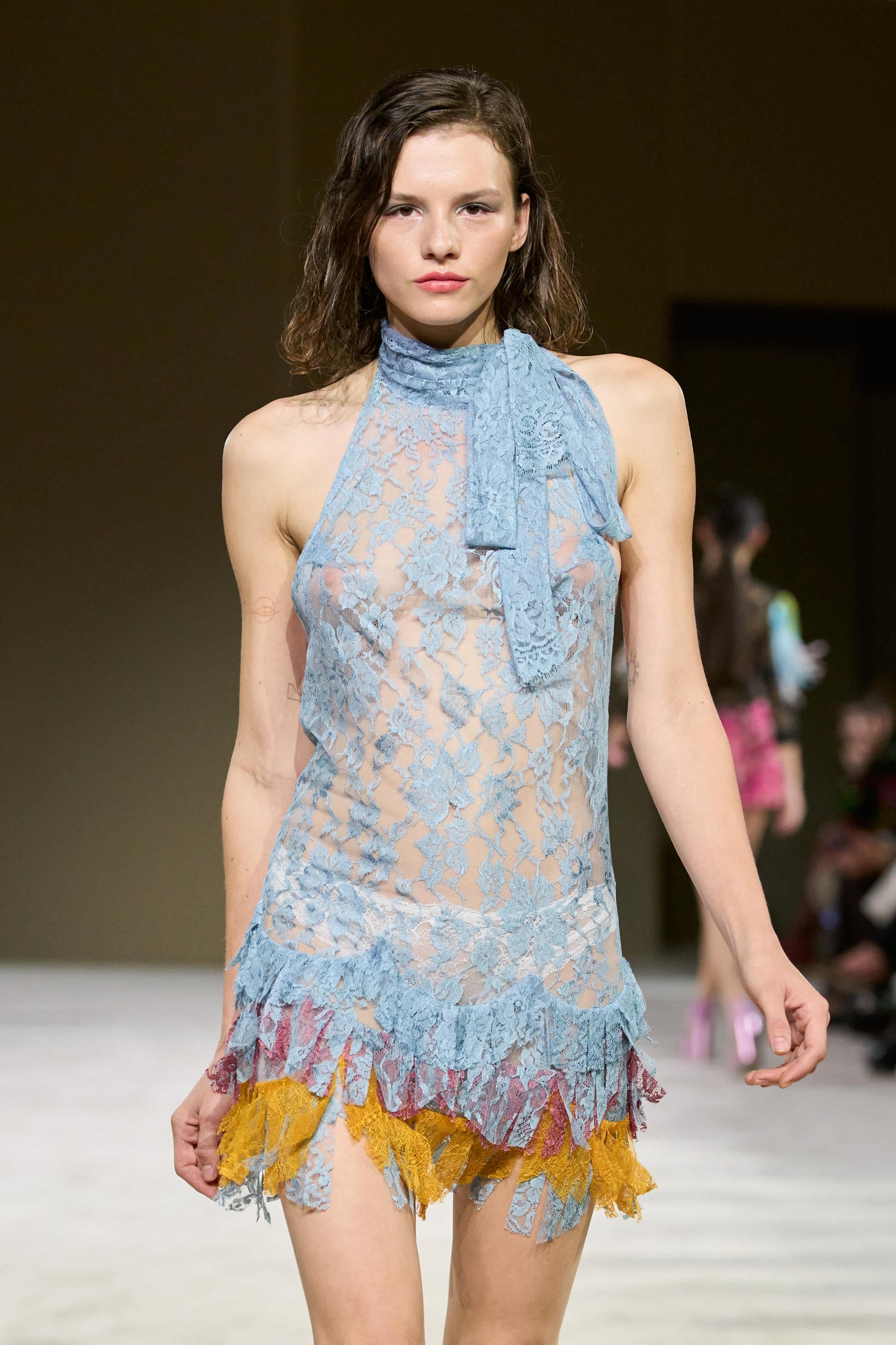 Halter-neck Short Multicolored Lace Dress